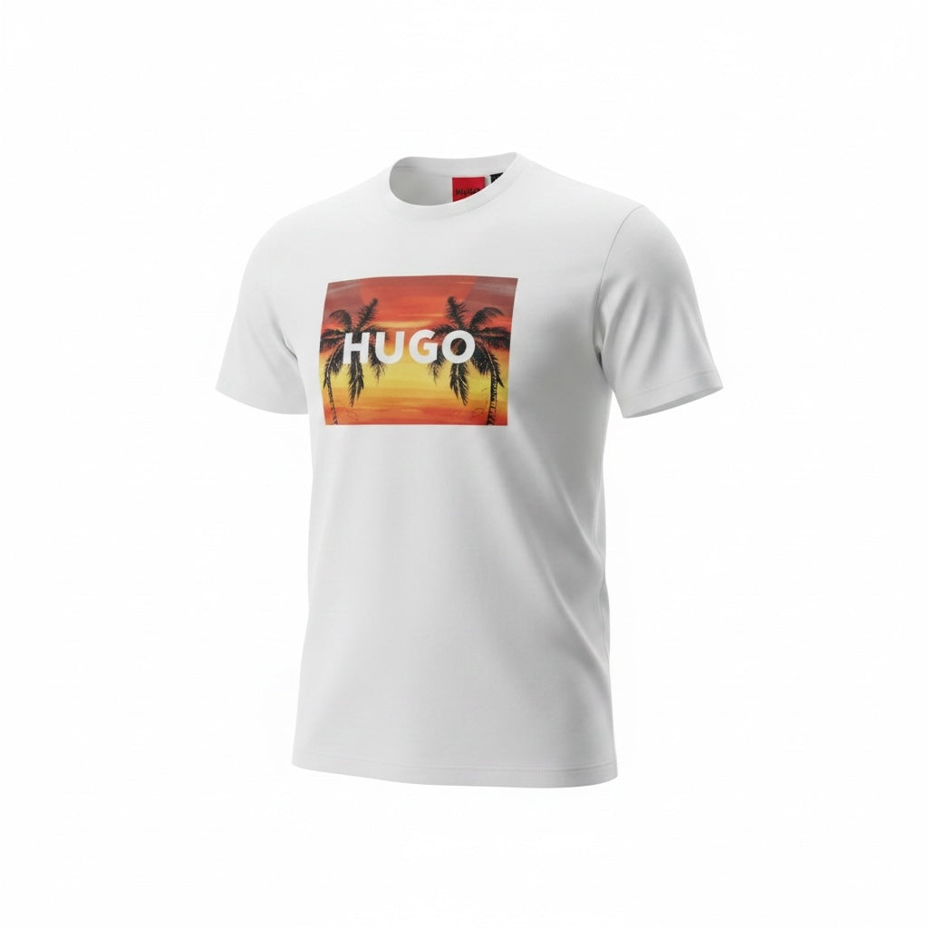 picknpack HUGO white cotton crew neck t-shirt with a vibrant sunset and palm tree graphic print on the chest