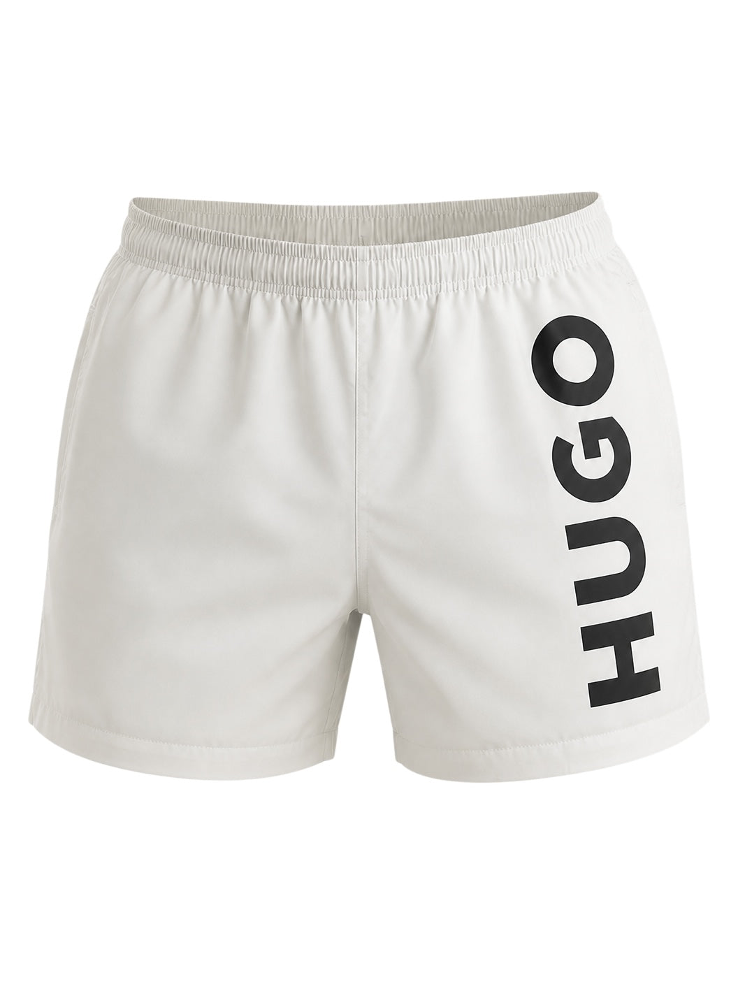 picknpack HUGO white swim shorts with bold black vertical logo print on the leg and elasticated drawstring waistband