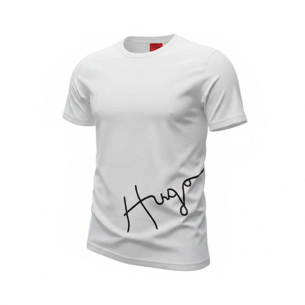 picknpack HUGO white crew neck short sleeve cotton t-shirt with black artistic script logo on the lower front