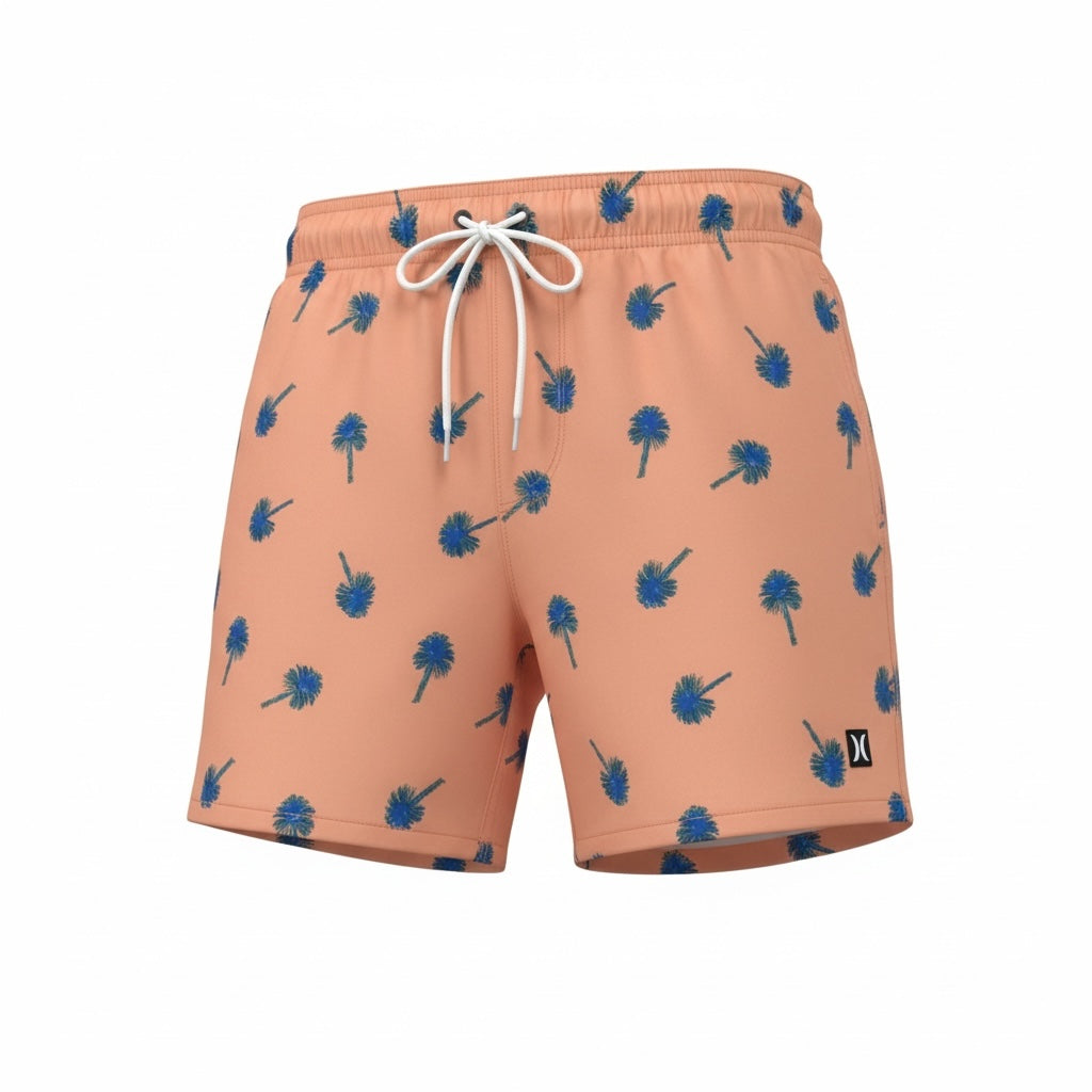 picknpack Hurley peach swim shorts with blue palm tree print, elastic waistband, and white drawstring.