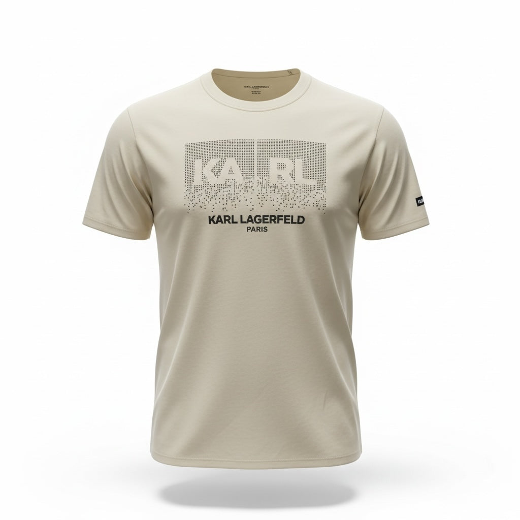 picknpack beige KARL LAGERFELD PARIS crew neck t-shirt with a black pixelated graphic print on the chest