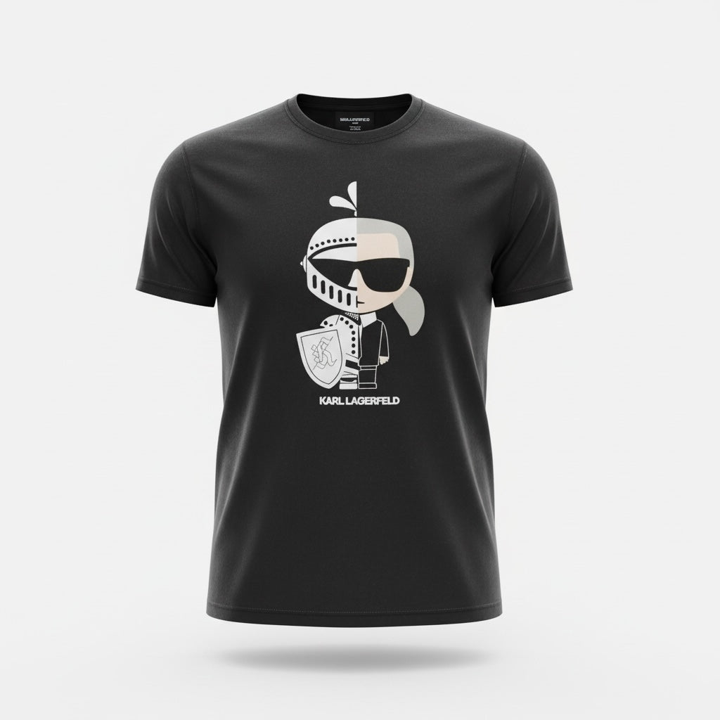 picknpack KARL LAGERFELD black cotton crew neck t-shirt with a knight graphic print featuring designer caricature.
