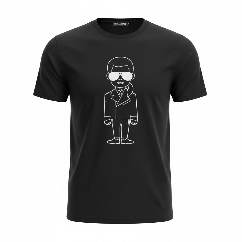 picknpack black crew neck t-shirt featuring a white line-art graphic of Karl Lagerfeld in a tailored cotton fit.