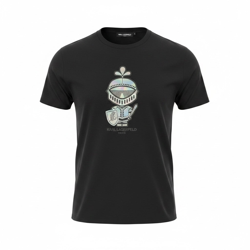 picknpack KARL LAGERFELD black cotton crew neck t-shirt featuring a holographic knight graphic on the chest.