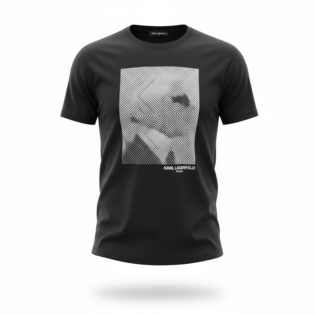 picknpack Karl Lagerfeld Paris black crew neck t-shirt featuring a modern geometric graphic print on the front.