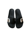 picknpack KARL LAGERFELD matte black slide sandals with a wide strap featuring a multi-tonal logo graphic