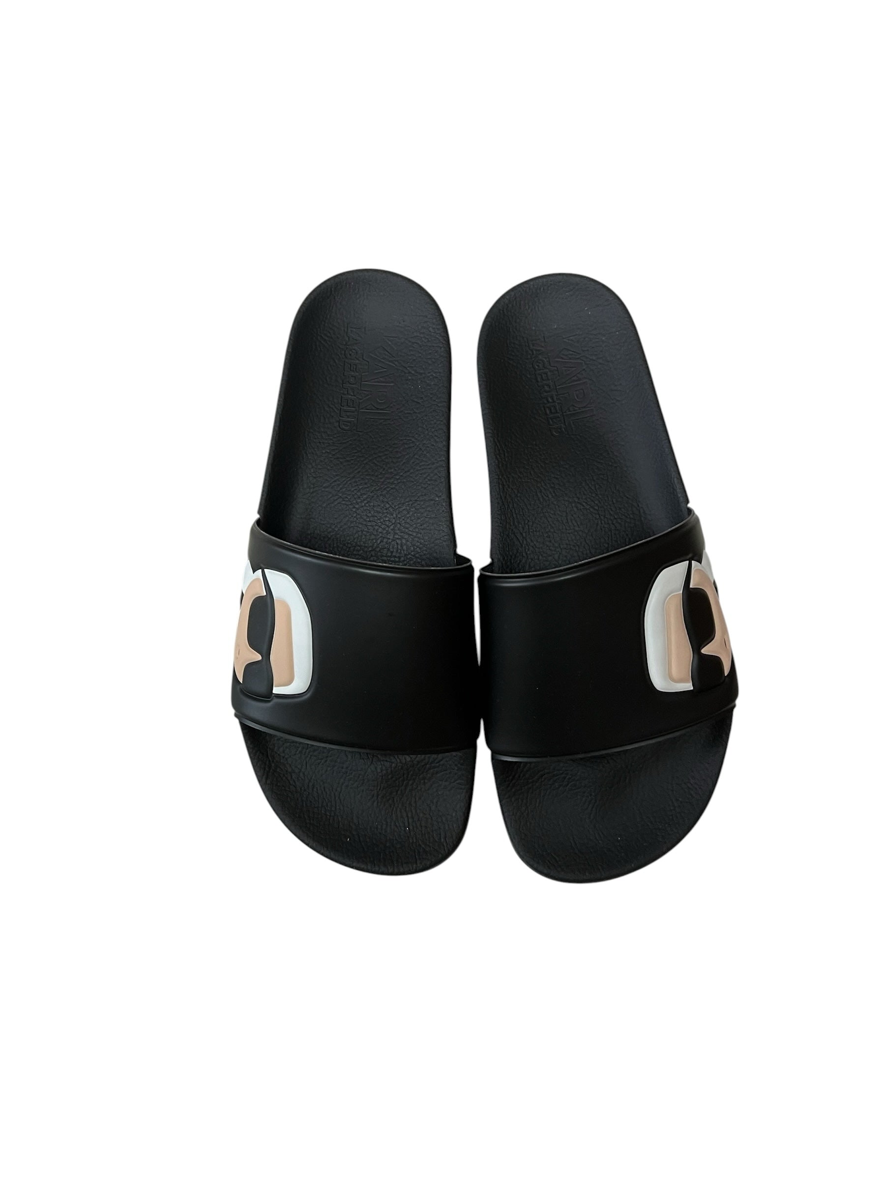 picknpack KARL LAGERFELD matte black slide sandals with a wide strap featuring a multi-tonal logo graphic