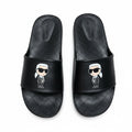 picknpack Karl Lagerfeld black slide sandals featuring a signature character graphic and quilted footbed detail