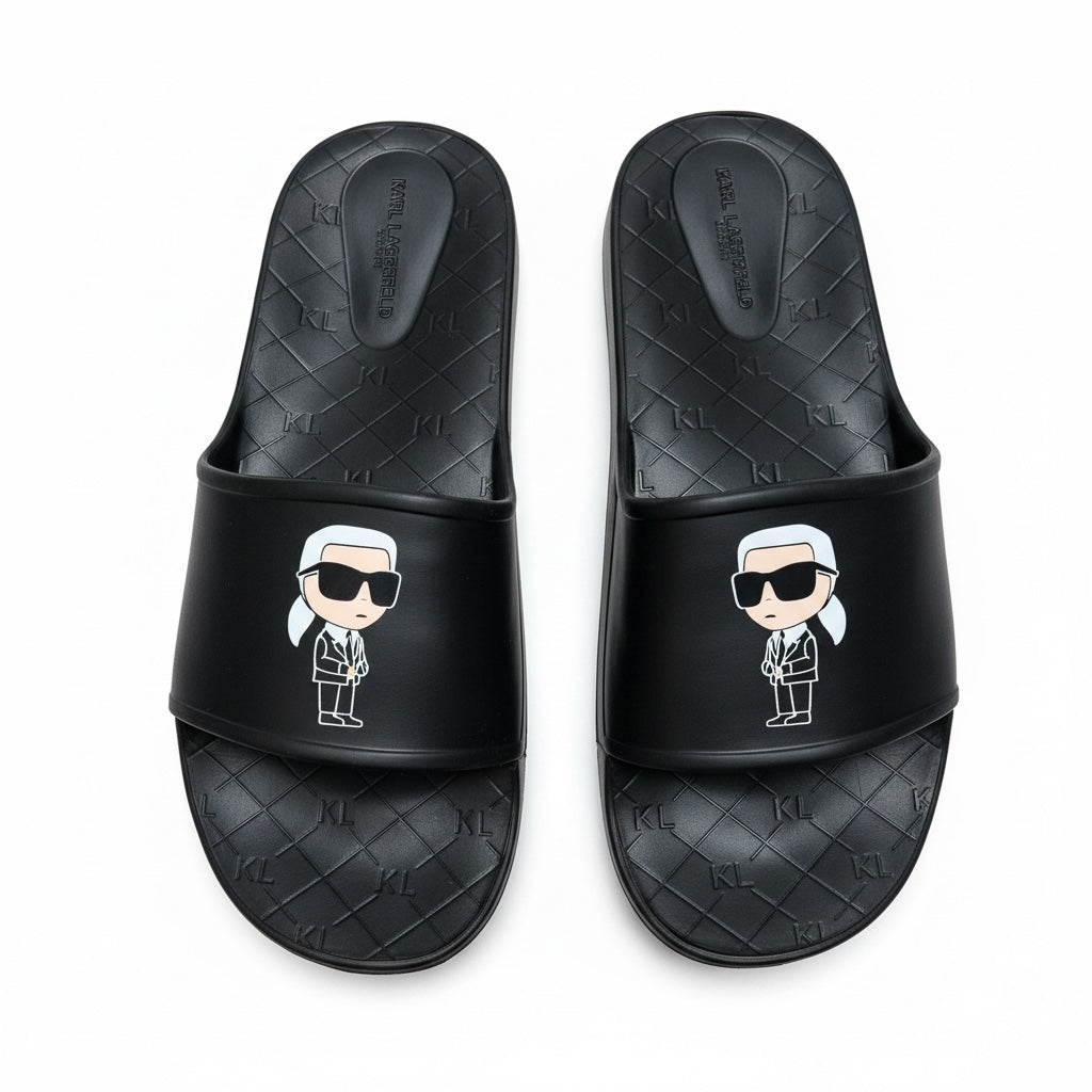 picknpack Karl Lagerfeld black slide sandals featuring a signature character graphic and quilted footbed detail