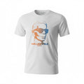picknpack white crew neck cotton t-shirt featuring a pixelated orange and blue Karl Lagerfeld portrait graphic