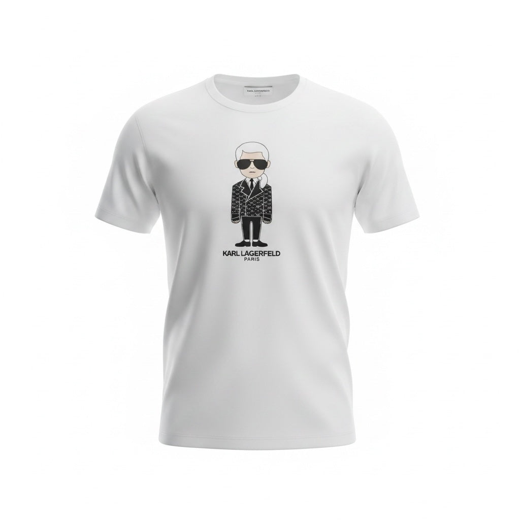 picknpack white cotton crew neck t-shirt featuring a monochrome Karl Lagerfeld graphic print on the chest.