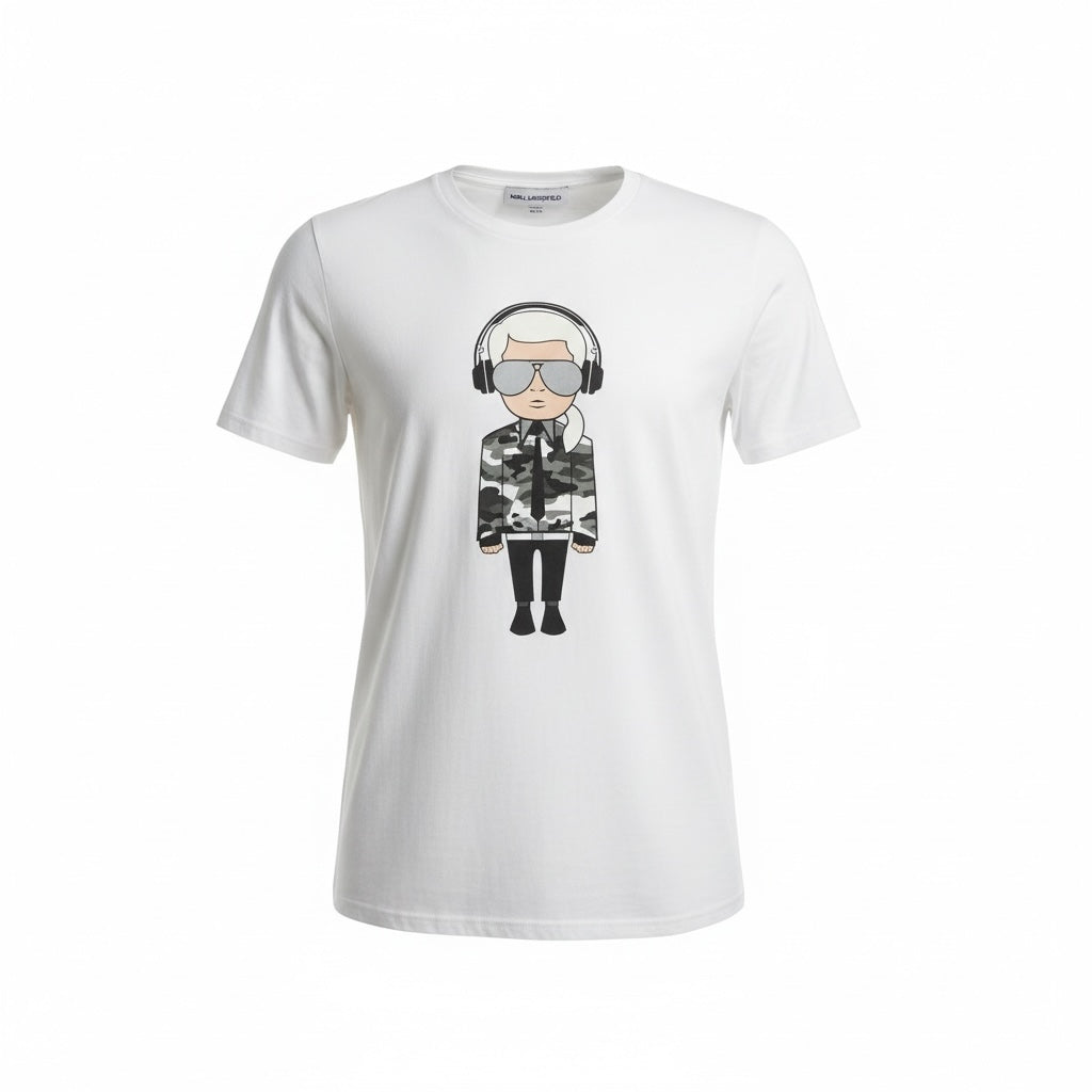 picknpack white cotton crew neck t-shirt featuring a stylized Karl Lagerfeld graphic print with headphones