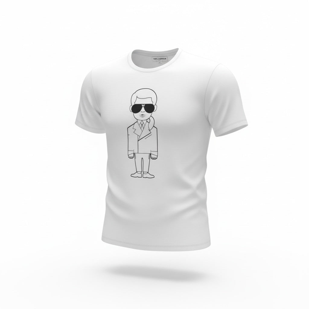 picknpack white crew neck t-shirt featuring a black line-art graphic of Karl Lagerfeld on soft cotton fabric