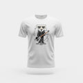 picknpack white crew neck t-shirt featuring a graphic illustration of Karl Lagerfeld playing a bass guitar.