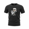picknpack black cotton crew neck t-shirt featuring a graphic print of Karl Lagerfeld and his cat Choupette.