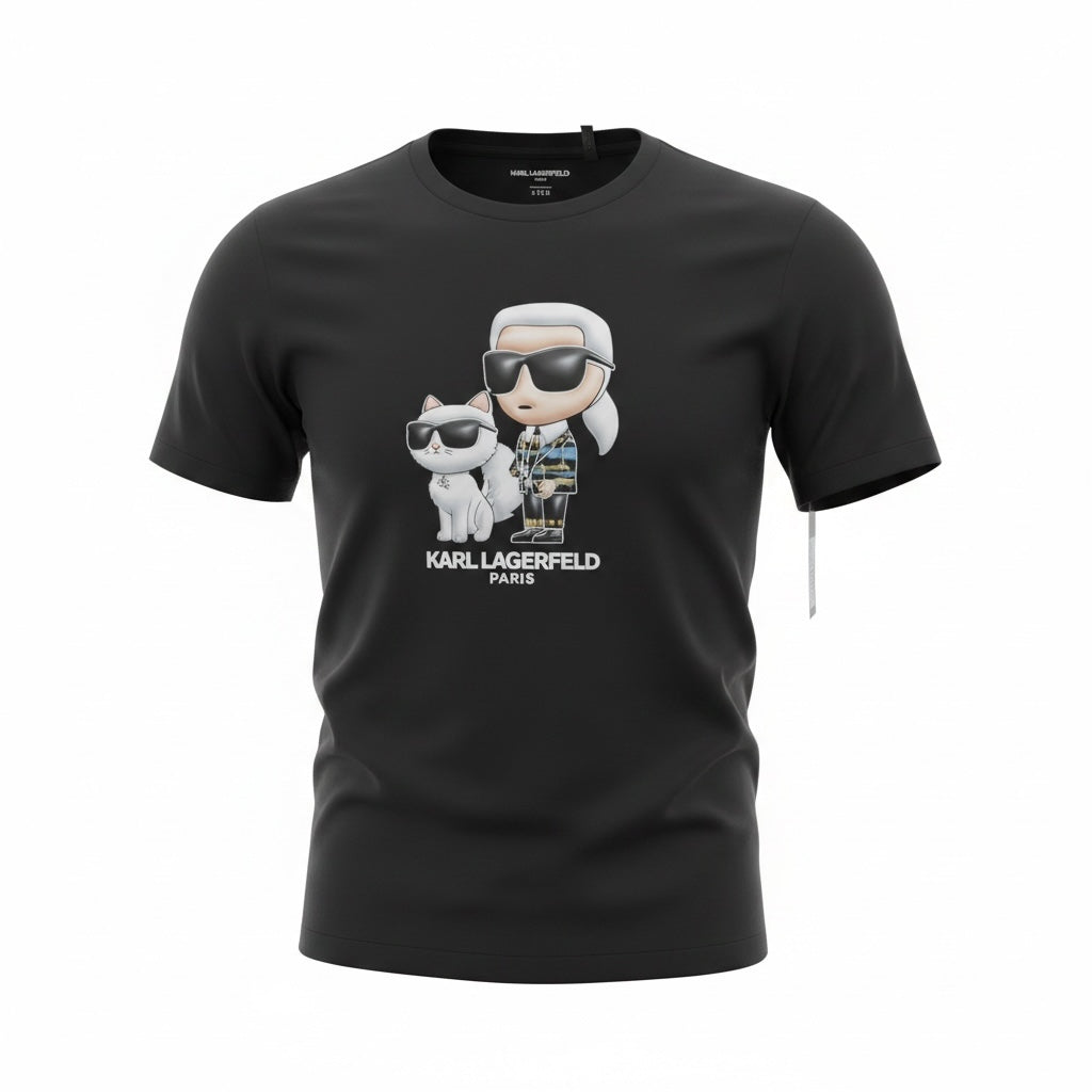 picknpack black cotton crew neck t-shirt featuring a graphic print of Karl Lagerfeld and his cat Choupette.