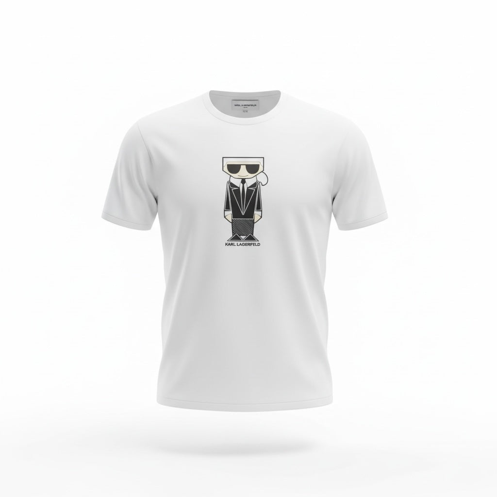 picknpack white crew neck cotton t-shirt featuring a black and white Karl Lagerfeld character graphic print