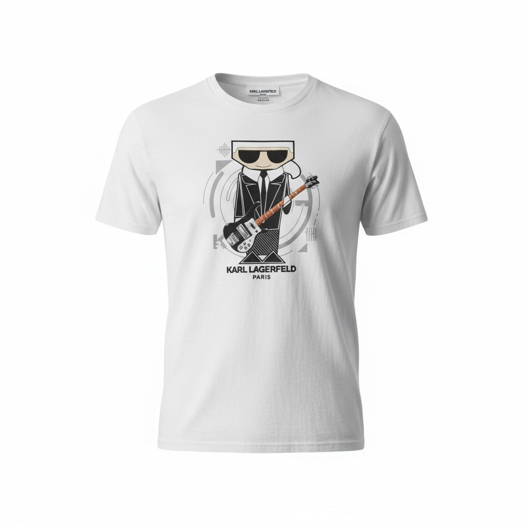 picknpack white cotton crewneck t-shirt featuring a graphic print of Karl Lagerfeld playing an electric guitar
