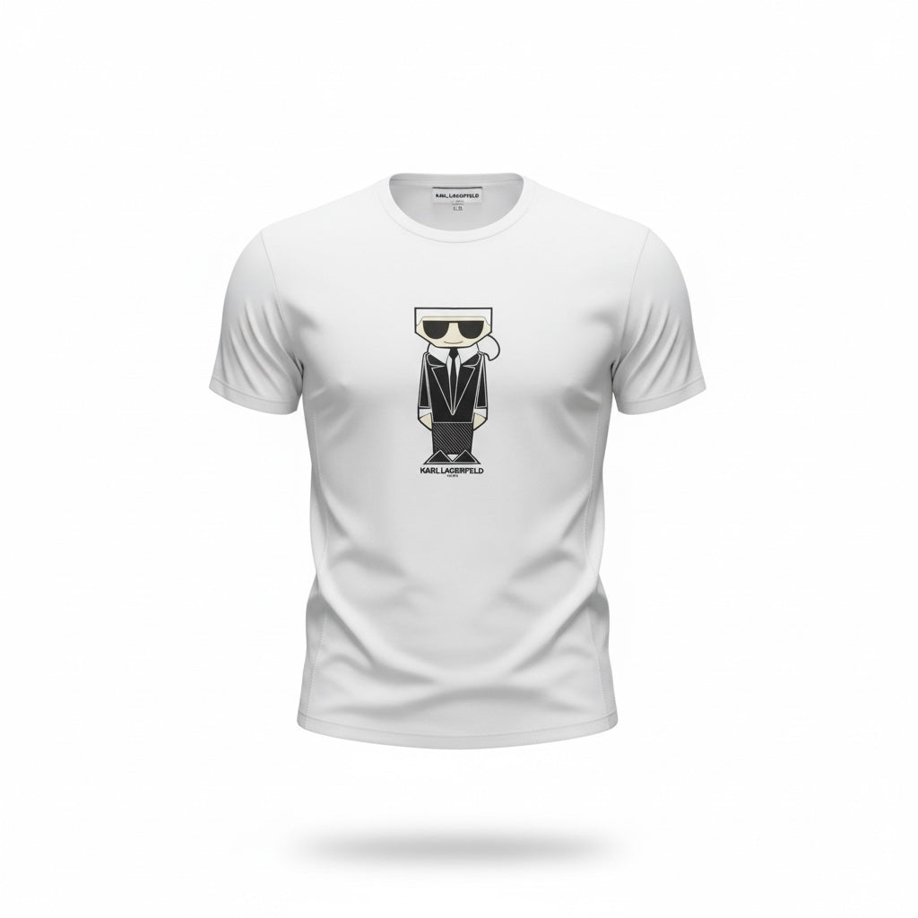 picknpack white cotton crew neck t-shirt featuring a stylized Karl Lagerfeld graphic print on the front