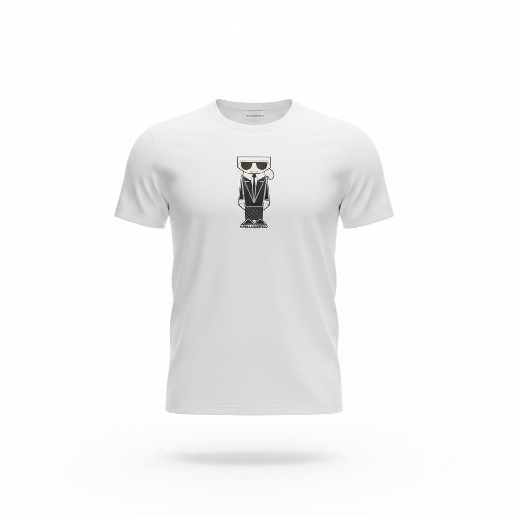 picknpack white crew neck t-shirt featuring a signature Karl Lagerfeld character graphic in soft cotton