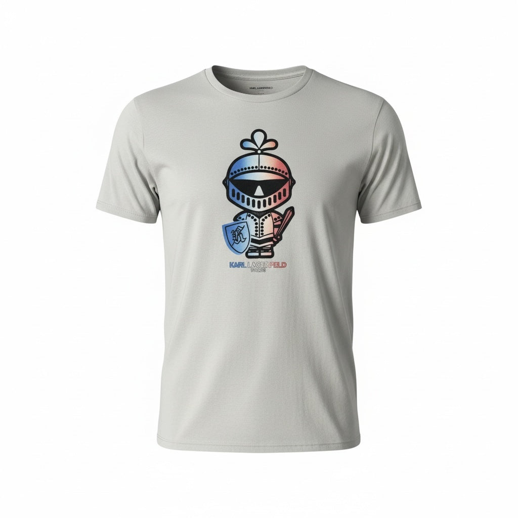 picknpack KARL LAGERFELD light grey cotton crew neck t-shirt with a stylized knight graphic print on the chest.