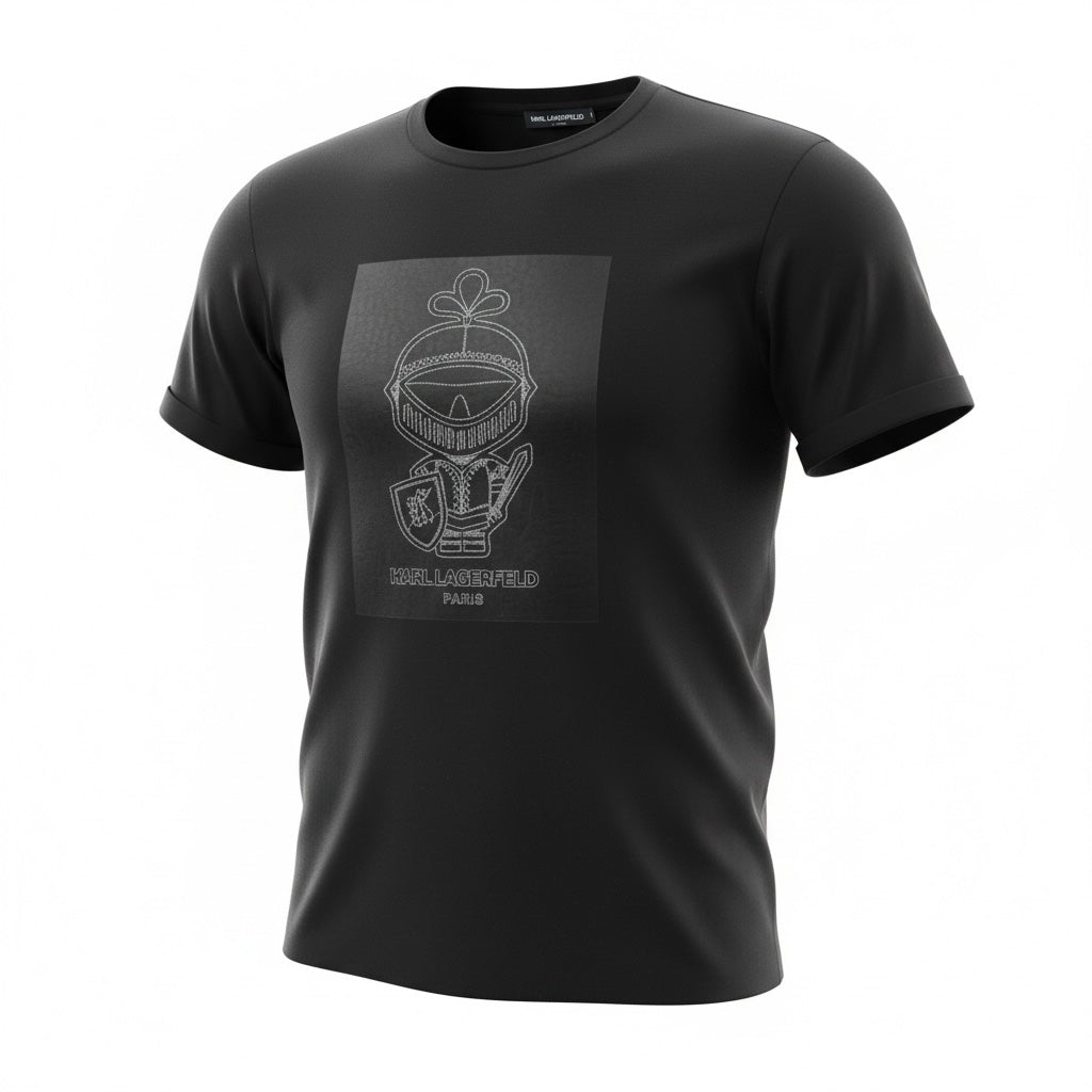 picknpack black crew neck t-shirt by KARL LAGERFELD PARIS featuring a white line-art knight graphic on the chest