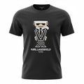 picknpack black crew-neck cotton t-shirt featuring a pixel-art graphic of Karl Lagerfeld with logo text.