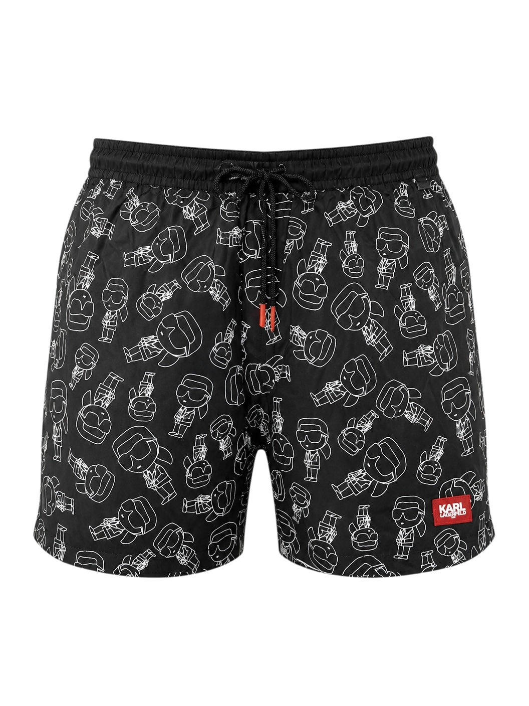 picknpack Karl Lagerfeld black swim shorts with white graphic print, elasticated drawstring waist, and red logo patch