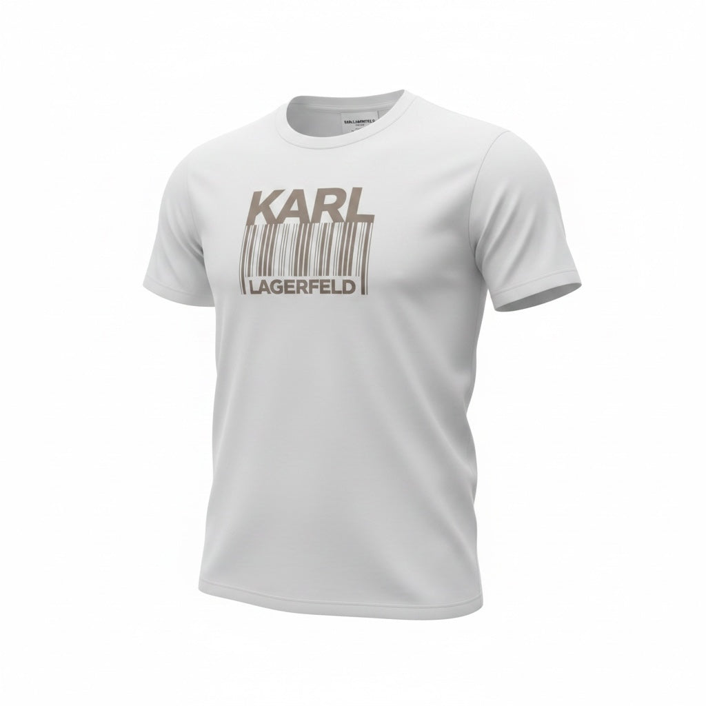 picknpack white KARL LAGERFELD crew neck t-shirt with a brown barcode graphic print on the chest