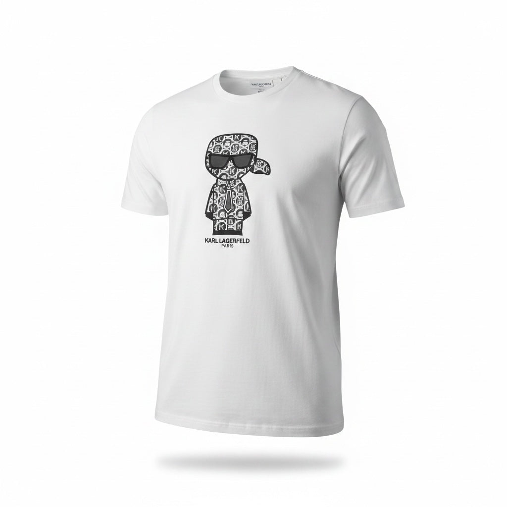 picknpack white cotton crewneck t-shirt featuring a Karl Lagerfeld caricature graphic with monogram print