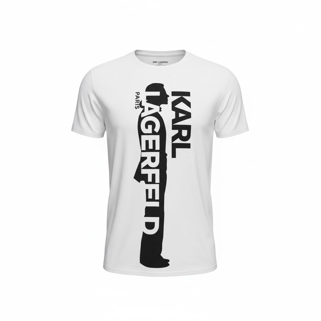 picknpack white crew neck t-shirt featuring a bold black Karl Lagerfeld silhouette graphic print on the chest