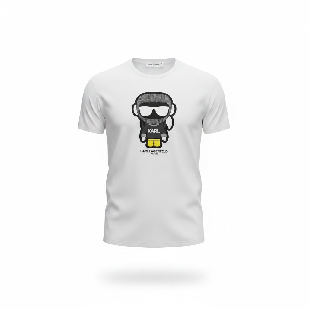 picknpack white crew neck cotton t-shirt featuring a bold Karl Lagerfeld character graphic print on the front