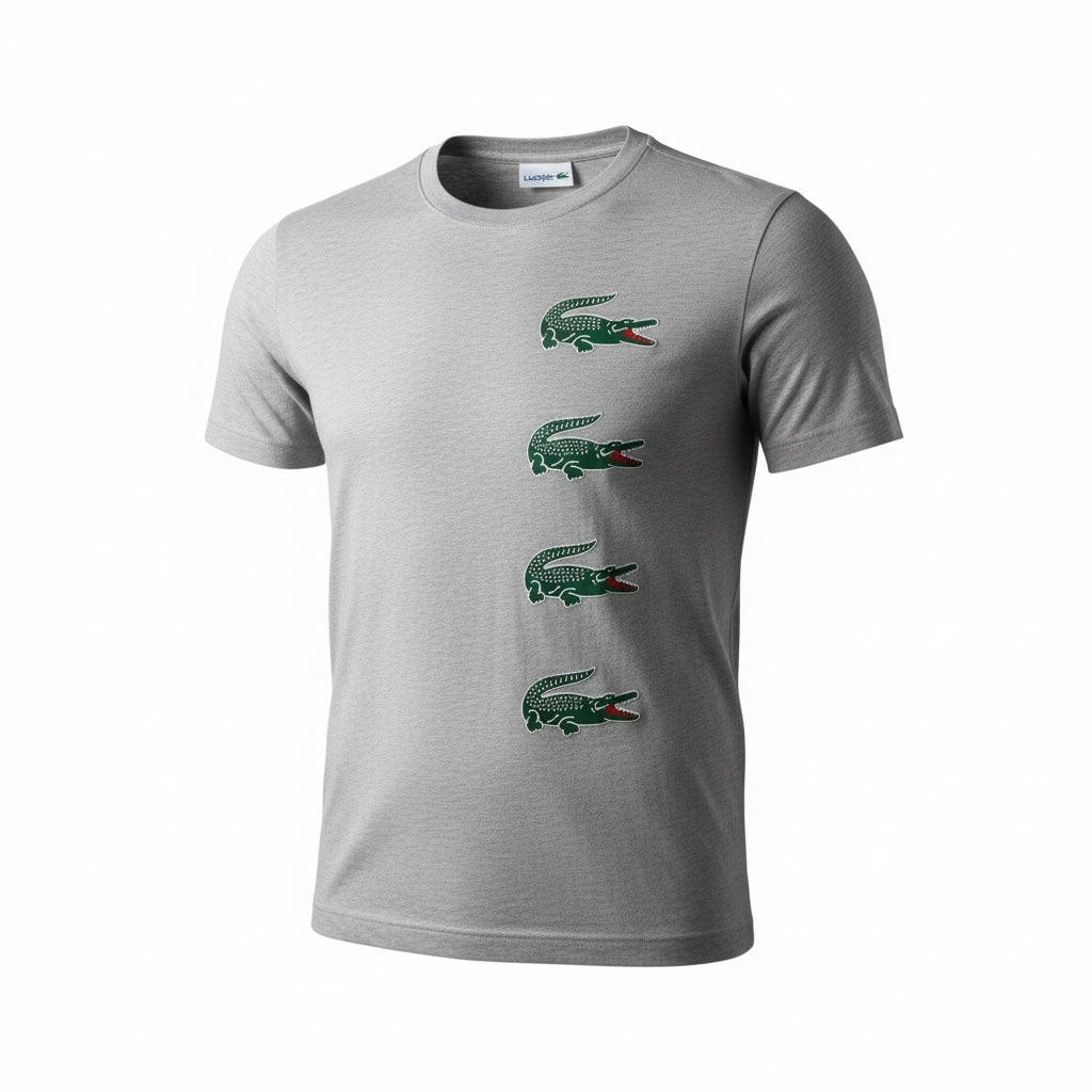 picknpack Lacoste heather grey crew neck cotton t-shirt with four stacked green crocodile logos on the chest
