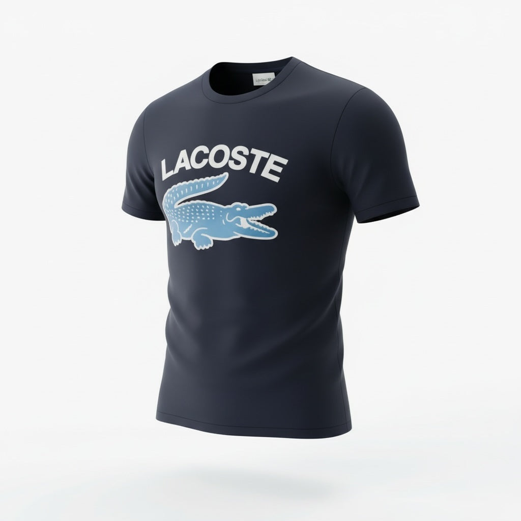 picknpack Lacoste navy cotton crew neck t-shirt with a bold light blue crocodile graphic on the chest