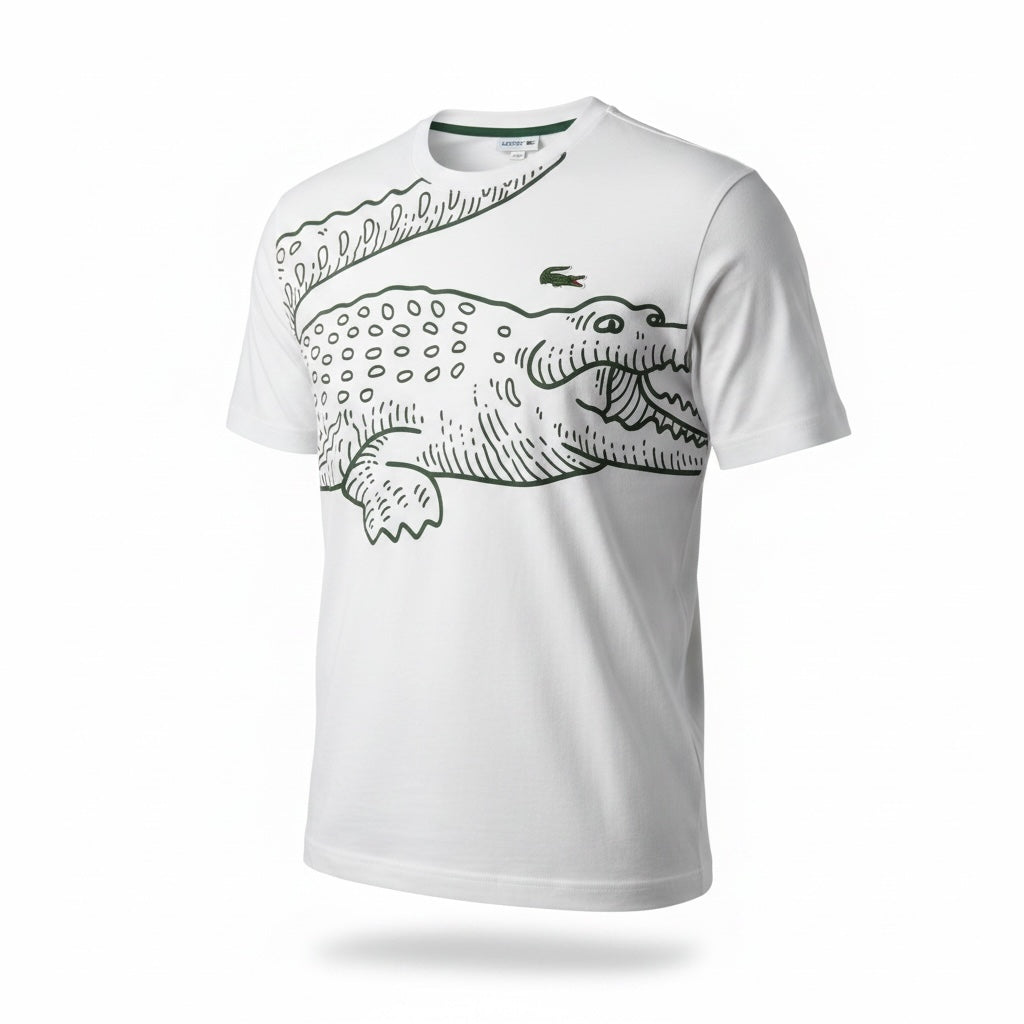 picknpack Lacoste white cotton crew neck t-shirt featuring a large green artistic crocodile graphic print on front
