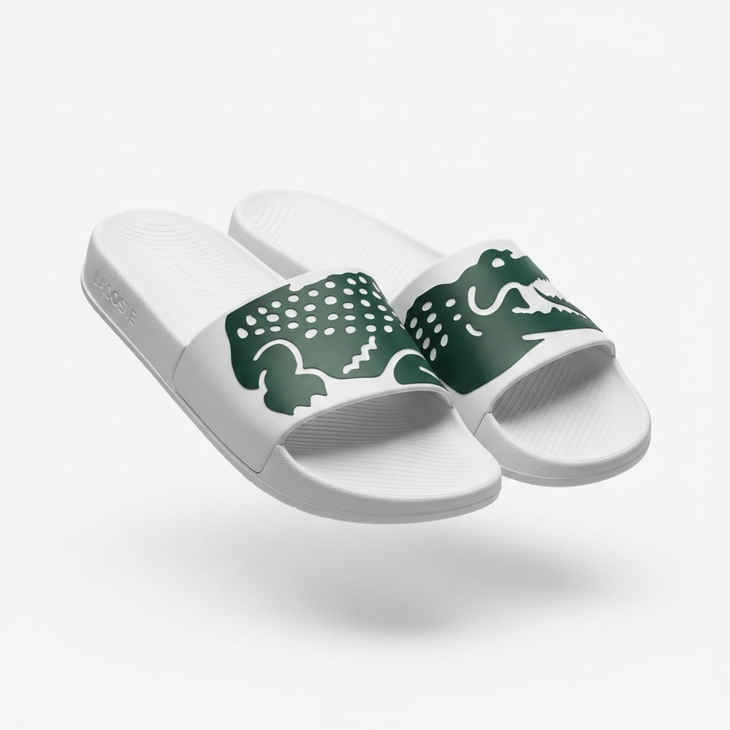 picknpack Lacoste white pool slide sandals featuring an oversized green crocodile graphic on the strap