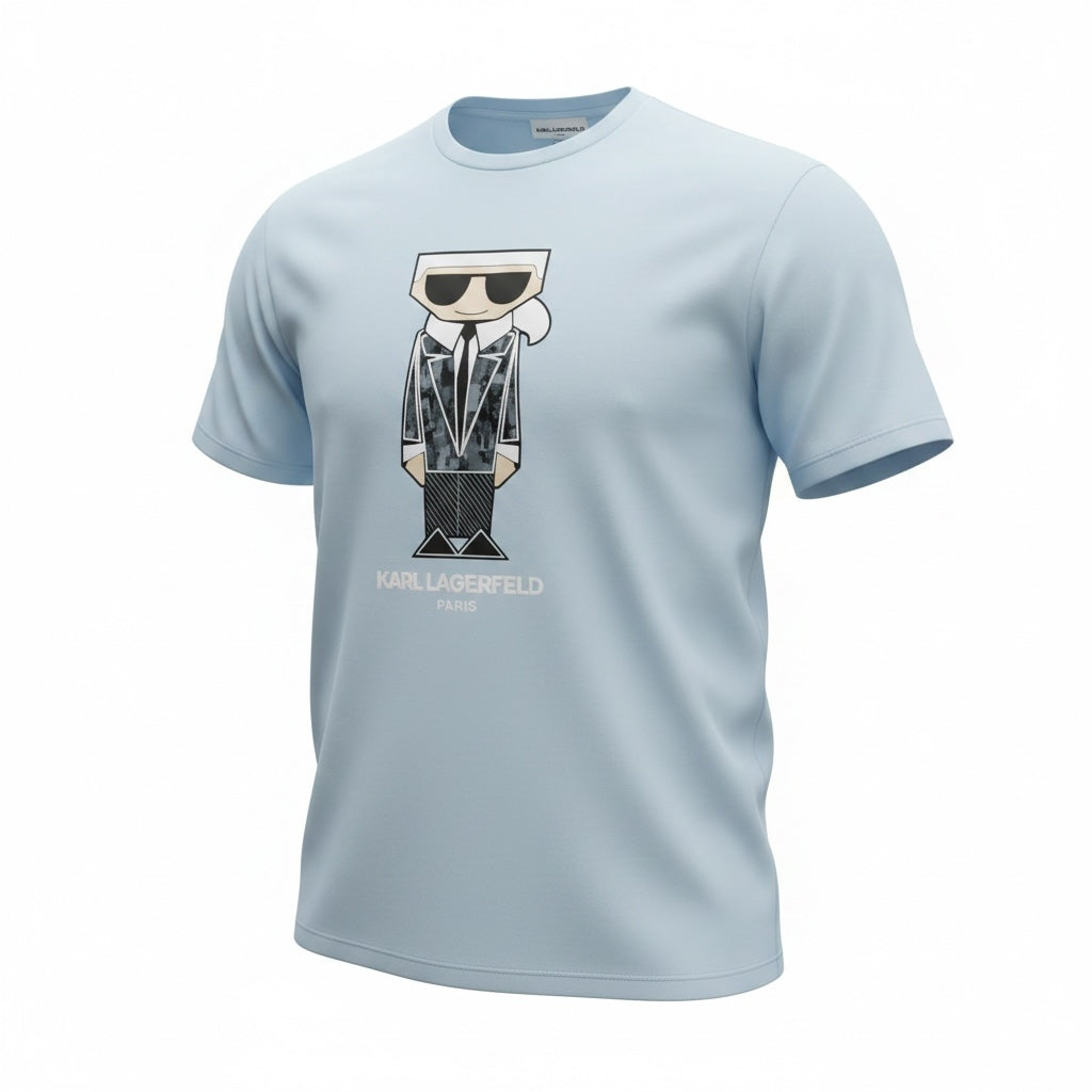 picknpack light blue cotton crew neck t-shirt featuring a stylized Karl Lagerfeld graphic print on the chest.