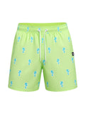 picknpack lime green swim shorts with white and teal palm tree print, elastic waistband, and drawstring closure.