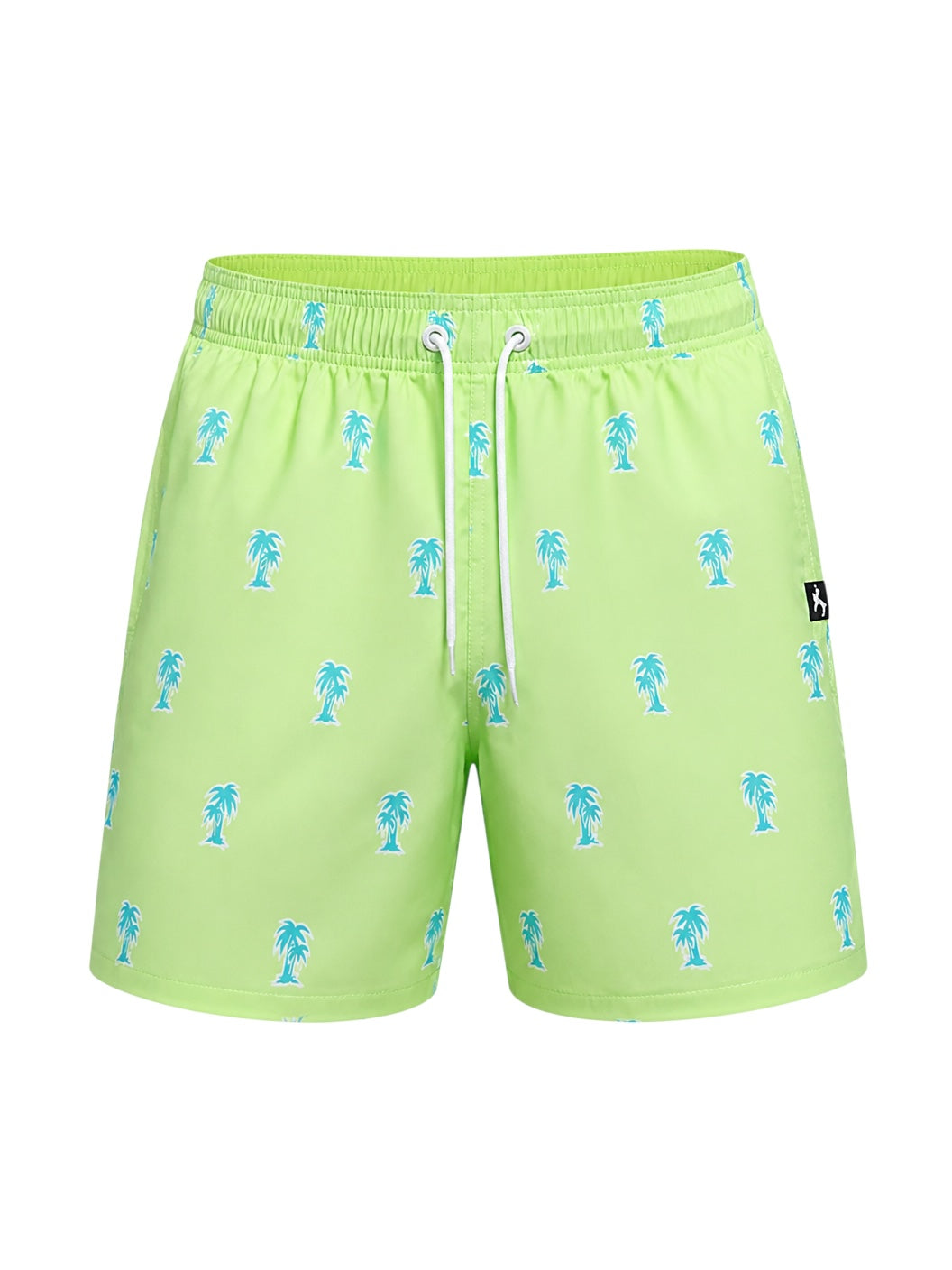 picknpack lime green swim shorts with white and teal palm tree print, elastic waistband, and drawstring closure.