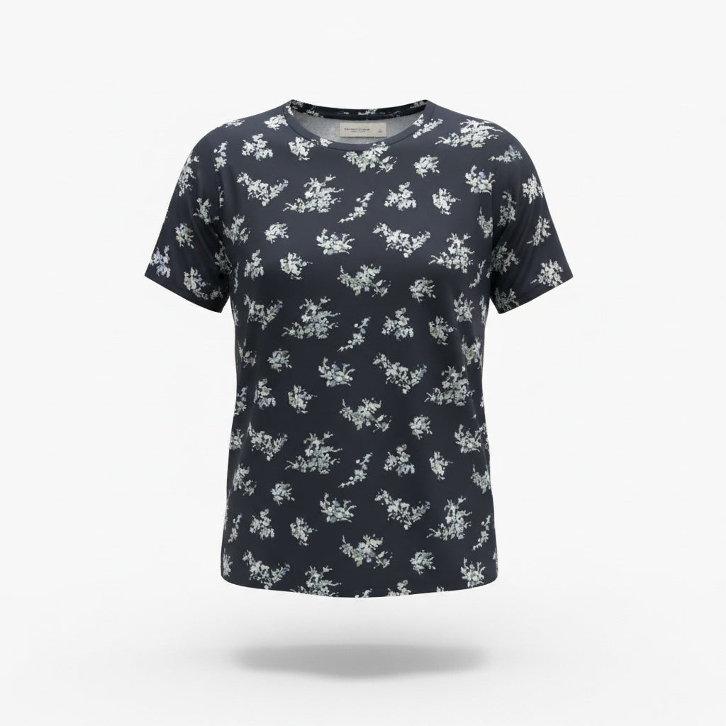 picknpack navy blue short sleeve t-shirt with a delicate white floral print and a classic crew neckline.