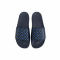 picknpack men's navy slide sandals featuring a blue and black geometric pattern on the wide strap