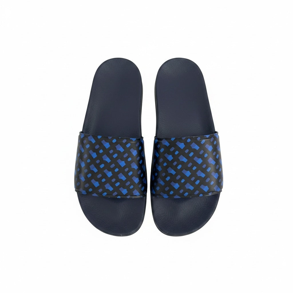 picknpack men's navy slide sandals featuring a blue and black geometric pattern on the wide strap