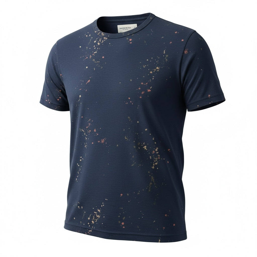 picknpack AKUANINITA navy blue short sleeve crew neck t-shirt with earthy paint splatter design