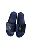 picknpack navy blue Polo Ralph Lauren slide sandals with gold-tone embroidered logo on the wide synthetic strap