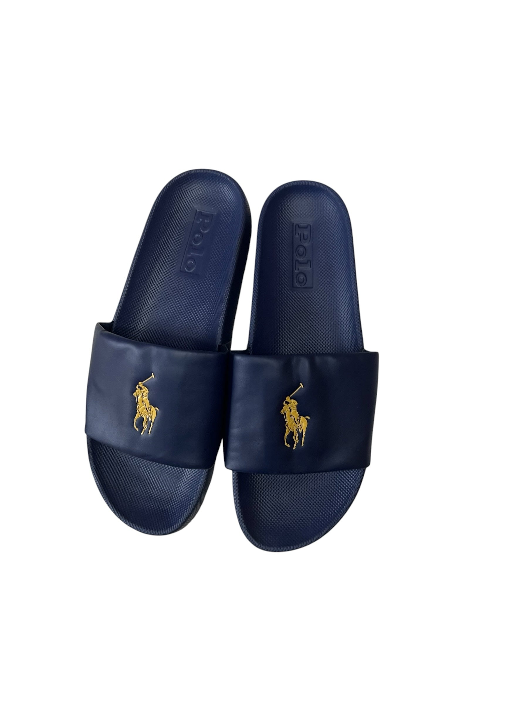 picknpack navy blue Polo Ralph Lauren slide sandals with gold-tone embroidered logo on the wide synthetic strap