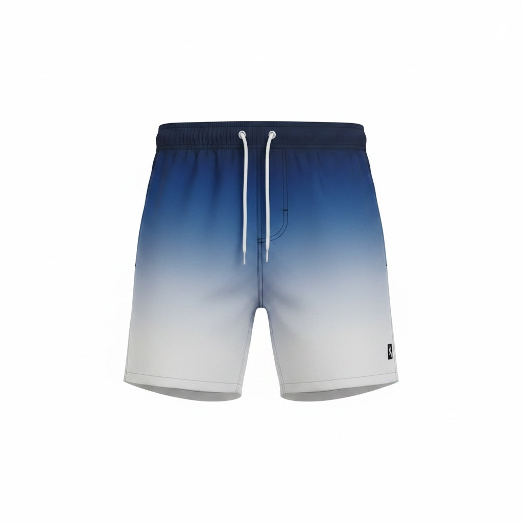 picknpack men's navy blue to white ombre swim shorts with an elastic waistband and adjustable white drawstring