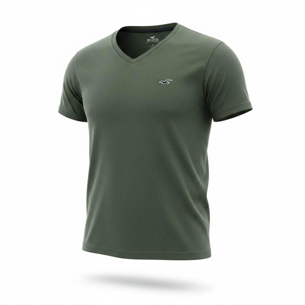 picknpack olive green Hollister v-neck t-shirt in soft cotton blend with small embroidered chest logo