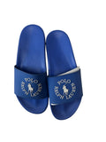picknpack Polo Ralph Lauren blue synthetic pool slides with white logo on the wide strap and textured footbed
