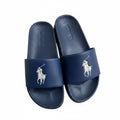 picknpack Polo Ralph Lauren navy blue synthetic pool slides with white embroidered pony logo on the strap