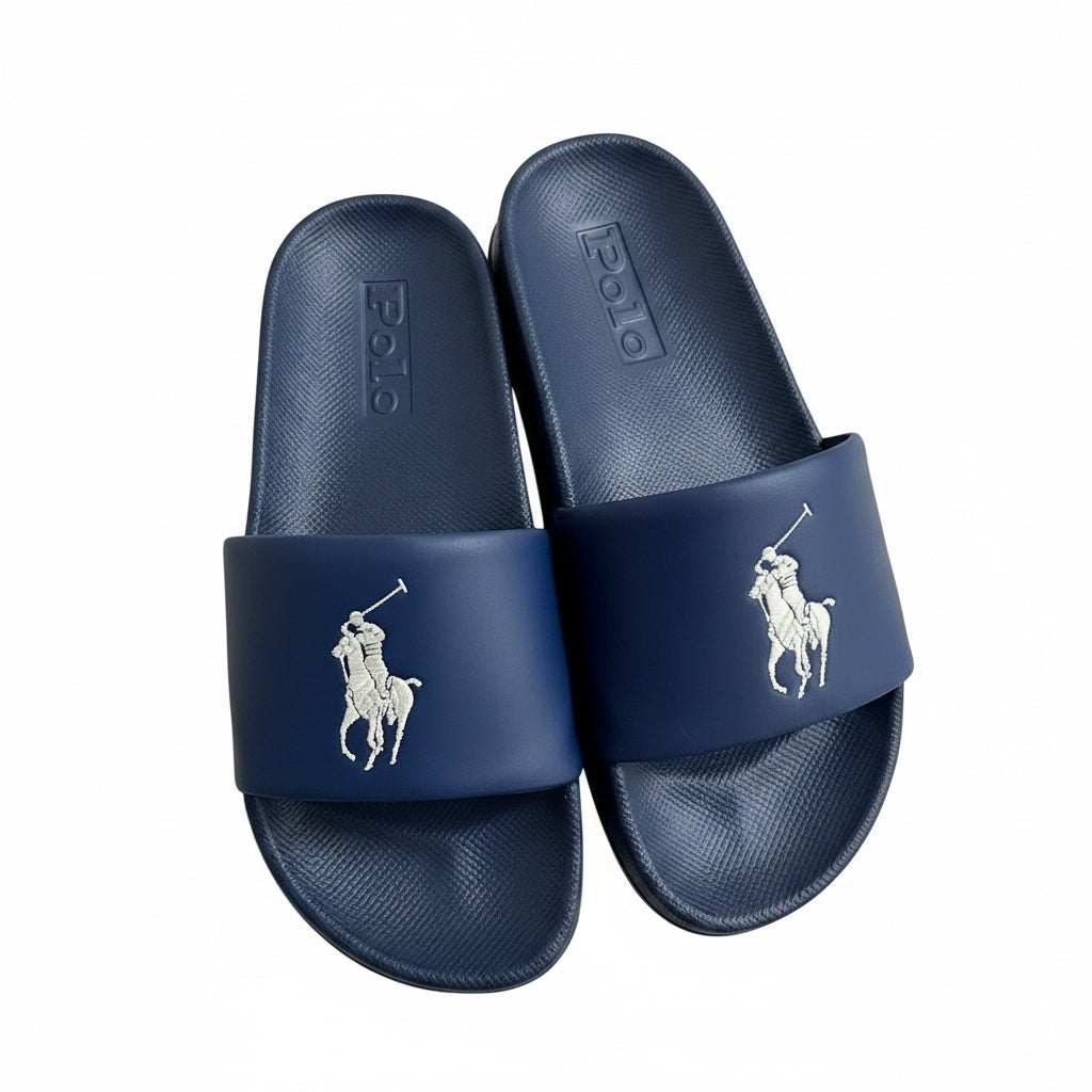 picknpack Polo Ralph Lauren navy blue synthetic pool slides with white embroidered pony logo on the strap